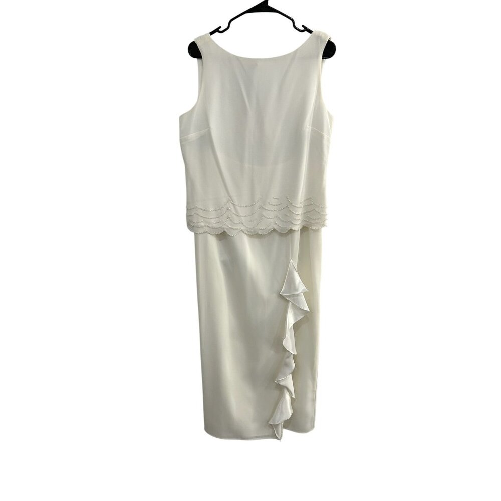 Vintage 80s Dressbarn Ivory Midi 2 piece Dress Beaded Trim Ruffle Detail Size 14